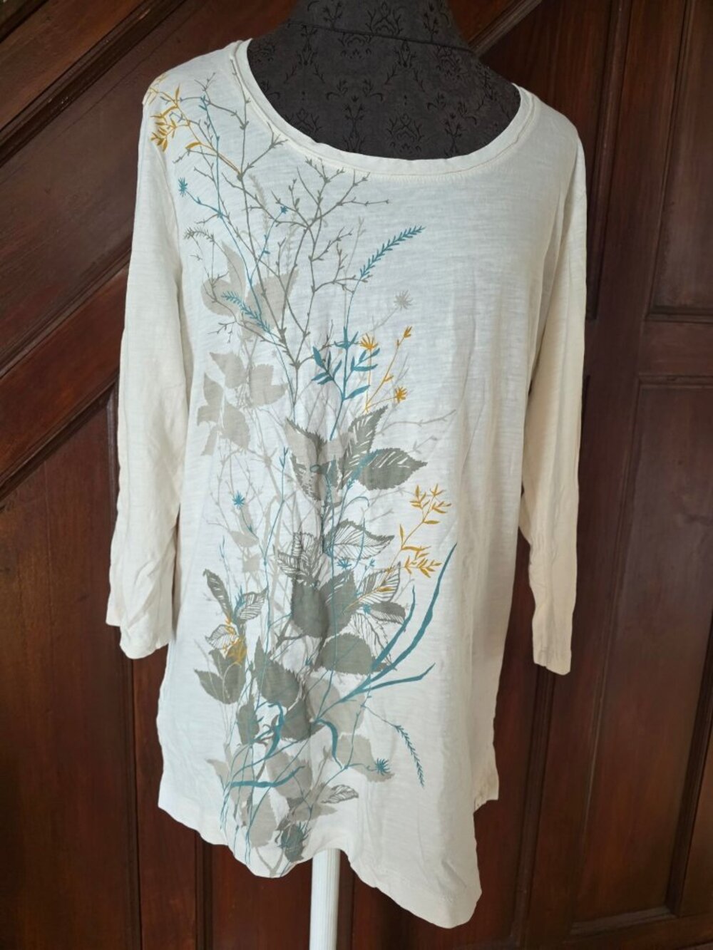 Eddie Bauer Womens Floral Graphic 3/4 Sleeve Beige Top Size 2X